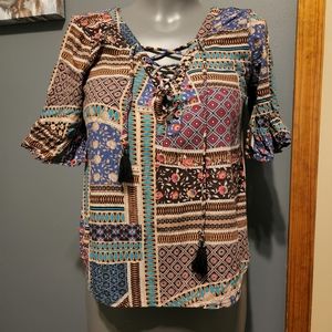 AEO mock patchwork hippie half sleeve boho blouse XS